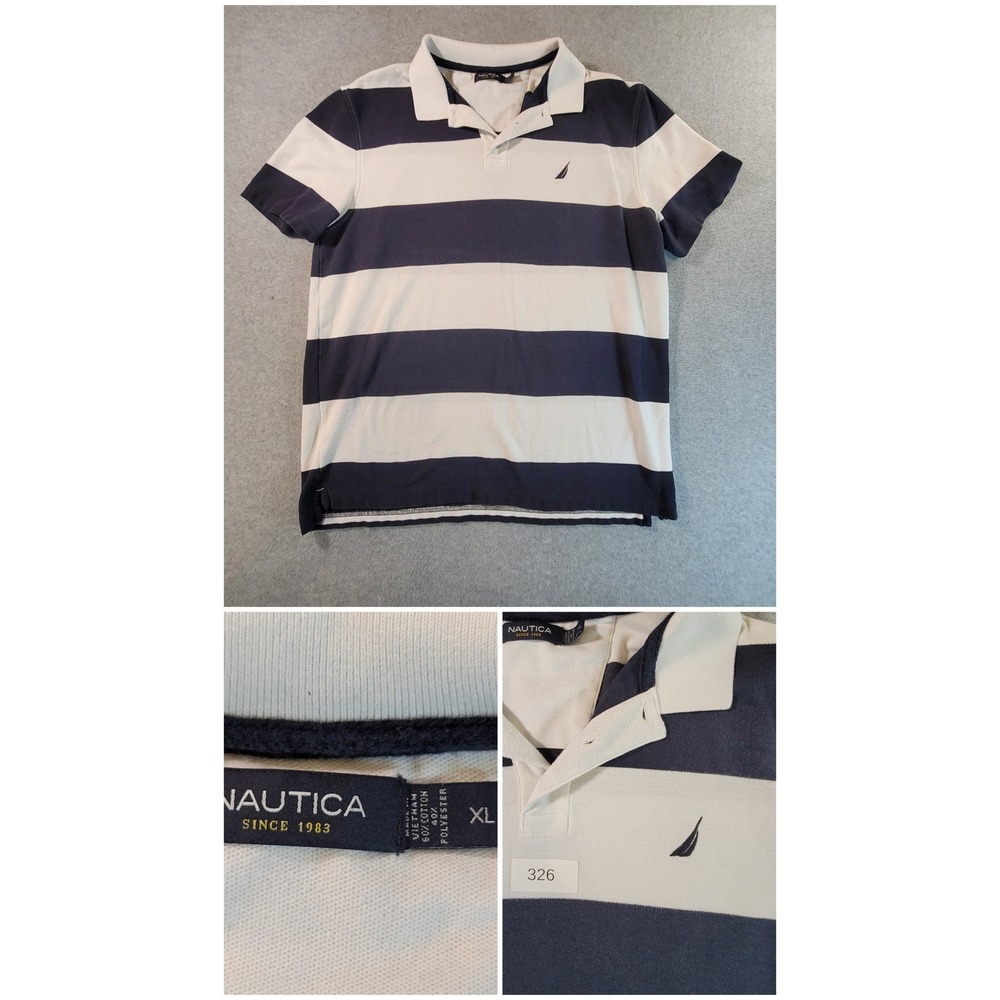 Nautica Mens XL Striped Polo Shirt Navy Blue White Short Sleeve Rugby Pique